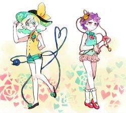 Rule 34 | 2girls, adapted costume, alternate costume, bow, eyeball, floral background, flower, full body, gradient background, green eyes, green hair, hairband, hat, hat bow, heart, heart of string, jpeg artifacts, komeiji koishi, komeiji satori, looking at another, looking at viewer, mary janes, miniskirt, multiple girls, oimo (14sainobba), own hands together, purple hair, red eyes, rose, shirt, shoes, short hair, shorts, siblings, simple background, sisters, skirt, sleeveless, smile, socks, string, third eye, touhou, white legwear