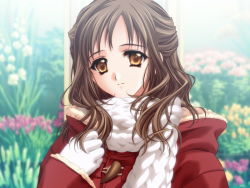 Rule 34 | 1girl, brown eyes, brown hair, carnelian, coat, flower, game cg, gloves, half updo, light smile, long hair, looking at viewer, messiah (game), scarf, smile, solo, upper body, white gloves, white scarf, yellow eyes