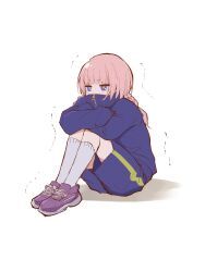 Rule 34 | 1girl, absurdres, blush, braid, dot nose, highres, kaf (kamitsubaki studio), kamitsubaki studio, kneehighs, long sleeves, memori (egachachachan), multicolored eyes, pink hair, shadow, shoes, shorts, sitting, sneakers, socks, solo, tears, trembling, virtual youtuber, white background, yellow pupils, zipper