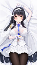 Rule 34 | 1girl, arm up, bed sheet, between breasts, black hair, black pantyhose, blunt bangs, blush, breasts, chinese commentary, cleavage, closed mouth, cowboy shot, dakimakura (medium), fengli (709622571), fingerless gloves, forehead, frilled skirt, frills, girls&#039; frontline, gloves, hand up, headband, highres, large breasts, looking at viewer, lying, necktie, off shoulder, on back, pantyhose, see-through, see-through cleavage, skirt, smile, solo, thigh gap, type 95 (girls&#039; frontline), white gloves, white headband, white skirt, yellow eyes