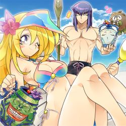 Rule 34 | 1boy, 1girl, blonde hair, breasts, cleavage, closed mouth, commentary request, dark magician, dark magician girl, duel monster, flower, hair flower, hair ornament, hat, kuriboh, long hair, misaka (missa), no headwear, pot of duality, pot of greed, shorts, smile, staff, ^^^, swimsuit, yu-gi-oh!, yuu-gi-ou, yu-gi-oh! duel monsters