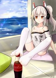 Rule 34 | 1girl, :o, absurdres, ass, ayanami (azur lane), azur lane, bandaid, bandaids on nipples, bare shoulders, blue sky, blush, bottle, breasts, cloud, coke bottle, collarbone, commentary request, day, feet, hair between eyes, headgear, headphones, high ponytail, highres, horizon, indoors, long hair, no shoes, ocean, off shoulder, parted lips, pasties, red eyes, sechka, shirt, short sleeves, side ponytail, sidelocks, silver hair, sitting, sky, small breasts, solo, sunlight, thighhighs, thighs, water, white shirt, white thighhighs