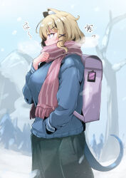 Rule 34 | 1girl, animal ears, arknights, blue jacket, blue tail, blurry, blurry background, brown hair, commentary request, heka=ton, highres, jacket, long sleeves, purple bag, purple eyes, scarf, snow, solo, utage (arknights), winter, winter clothes