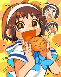 Rule 34 | 1girl, blush, brown eyes, brown hair, closed eyes, crying, crying with eyes open, food, fruit, hairband, holding, holding food, holding fruit, konjiki no gash!!, looking at viewer, mizuno suzume, open mouth, school uniform, short hair, smile, solo, taoru (towtowru), tears, upper body