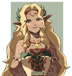 Rule 34 | 1girl, bare shoulders, blonde hair, dark-skinned female, dark skin, dress, earrings, facial mark, green eyes, hair intakes, highres, jewelry, long hair, magatama, magatama necklace, necklace, nintendo, pointy ears, rv (gvdn7245), simple background, smile, solo, sonia (zelda), strapless, strapless dress, sundelion, tattoo, the legend of zelda, the legend of zelda: tears of the kingdom, tiara, tooth necklace, very long ears, very long hair