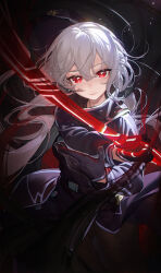 Rule 34 | 1girl, belt, black coat, black gloves, closed mouth, coat, commentary request, gloves, grey hair, hair between eyes, han keshi chao mang de, highres, holding, holding sword, holding weapon, long hair, long sleeves, looking at viewer, red eyes, sky striker ace - roze, solo, sword, upper body, weapon, yu-gi-oh!