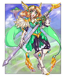 Rule 34 | 1girl, adapted costume, armor, blonde hair, bodysuit, boots, breastplate, breasts, elbow gloves, gloves, green eyes, hairband, highres, holding, holding sword, holding weapon, hououji fuu, knee boots, long sword, magic knight rayearth, medium breasts, medium hair, oomasa teikoku, skin tight, solo, super robot wars, super robot wars t, sword, weapon, winged hairband