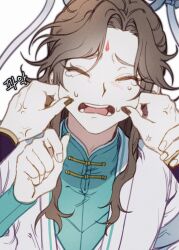 Rule 34 | 1girl, anger vein, bisu (hw3op), black nails, blush, brown hair, cheek pinching, crying, facial mark, forehead mark, hand on another&#039;s cheek, hand on another&#039;s face, hand up, highres, holding another&#039;s wrist, korean commentary, long hair, ming yi, open mouth, out of frame, pinching, robe, shi qingxuan, simple background, tears, teeth, thick eyelashes, tianguan cifu, upper body, white background, white robe, xiao guan (headdress)