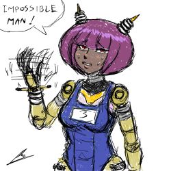Rule 34 | 1girl, antennae, blush, bob cut, borockman, breasts, dark skin, dark-skinned female, dynatron (mighty no. 9), fanning face, faux traditional media, joints, dynatron (mighty no. 9), mighty no. 9, one-piece swimsuit, purple hair, red eyes, robot, robot joints, school swimsuit, short hair, solo, sweatdrop, swimsuit