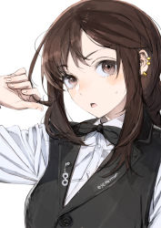 Rule 34 | 1girl, black vest, blush, bow, bowtie, braid, braided ponytail, breasts, brown eyes, brown hair, collared shirt, dress shirt, earrings, fate/grand order, fate (series), highres, jewelry, long hair, long sleeves, medium breasts, multiple earrings, open mouth, shirt, single braid, solo, toi8, very long hair, vest, white shirt, yu mei-ren (fate)