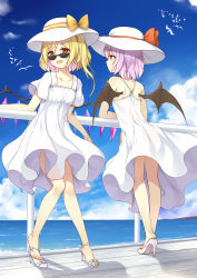 Rule 34 | 2girls, :d, alternate costume, bare arms, bare shoulders, bat wings, blonde hair, blue sky, bow, cloud, collarbone, commentary request, crystal, day, dress, flan (seeyouflan), flandre scarlet, from behind, full body, hat, hat bow, high heels, highres, light purple hair, long hair, looking at viewer, looking over eyewear, looking over glasses, multiple girls, one side up, open mouth, orange bow, outdoors, railing, red bow, red eyes, remilia scarlet, shadow, short hair, short sleeves, sky, smile, standing, sunglasses, tinted eyewear, touhou, water, white dress, white footwear, white headwear, wings