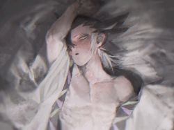 Rule 34 | 1boy, abs, arm up, bed sheet, black hair, blush, collarbone, commentary request, creatures (company), from above, game freak, grey eyes, grey hair, grimsley (pokemon), gyakumushi, highres, japanese clothes, kimono, looking down, lying, male focus, medium hair, multicolored hair, nintendo, on back, open clothes, pectorals, pokemon, pokemon sm, short sleeves, sideburns, solo, two-tone hair, upper body, white kimono
