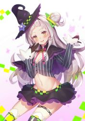 Rule 34 | 1girl, belly, blunt bangs, blush, breasts, capelet, cleavage, commentary request, gloves, groin, hair bun, hair ornament, hat, highres, hololive, long hair, murasaki shion, murasaki shion (1st costume), navel, shirt, side bun, simple background, single side bun, small breasts, solo, striped clothes, striped shirt, tokoshibyra, vertical-striped clothes, vertical-striped shirt, virtual youtuber, witch hat, yellow eyes
