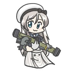 Rule 34 | 1girl, :3, blue eyes, blue sailor collar, dress, ferret-san, fgm-148 javelin, gloves, grey hair, hat, javelin (kancolle), kantai collection, long hair, man-portable anti-tank systems, missile launcher, precision-guided firearm, rocket launcher, sailor collar, sailor hat, simple background, solo, st. javelin, weapon, white background, white dress, white gloves, white hat