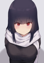 Rule 34 | 1girl, absurdres, black hair, black sweater, blush, breasts, commentary, from above, highres, lanthan, large breasts, long hair, looking at viewer, original, red eyes, ribbed sweater, scarf, sweater, upper body, white scarf