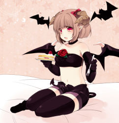 Rule 34 | 1girl, bandeau, bare shoulders, bat (animal), bat wings, black thighhighs, bow, brown hair, cake, choker, demon girl, demon tail, demon wings, elbow gloves, flower, food, fork, gloves, hair bow, horns, md5 mismatch, midriff, navel, nozomu144, original, pointy ears, red eyes, red flower, red rose, resolution mismatch, rose, short hair, short shorts, shorts, sitting, solo, source smaller, star (symbol), strapless, tail, thighhighs, tube top, wings