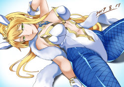 Rule 34 | 1girl, absurdres, animal ears, arm behind head, artoria pendragon (all), artoria pendragon (fate), artoria pendragon (swimsuit ruler) (fate), blonde hair, blue pantyhose, clothing cutout, colored eyelashes, crown, dated, detached collar, eyelashes, fake animal ears, fate/grand order, fate (series), fishnet pantyhose, fishnets, green eyes, highleg, highleg leotard, highres, leotard, lips, long hair, looking at viewer, lying, navel, navel cutout, necktie, necktie on head, on back, open mouth, pantyhose, playboy bunny, ponytail, rabbit ears, shawl, shiki (love-saber), shiny clothes, sidelocks, simple background, smile, solo, strapless, strapless leotard, white background, white leotard, wrist cuffs