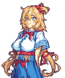 Rule 34 | akai haato, akai haato (1st costume), arms behind back, blonde hair, blue eyes, blue skirt, breasts, commentary, english commentary, fire emblem, glaceo, happy birthday, hololive, large breasts, long hair, looking ahead, nintendo, parody, pixel art, skirt, solo, style parody, transparent background, very long hair, virtual youtuber