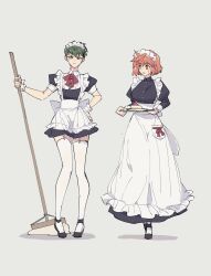 Rule 34 | 2girls, apron, black dress, black footwear, bow, breasts, buttons, cake, cake slice, dress, emiya shirou, fate/stay night, fate (series), food, frilled dress, frills, garter straps, genderswap, genderswap (mtf), getter robo, gou saotome, green hair, hanahiyo (hoimin), highres, holding, holding mop, holding tray, large breasts, long dress, looking at another, looking down, maid, maid apron, maid headdress, medium hair, mop, multiple girls, neck ribbon, orange hair, plate, red eyes, red ribbon, ribbon, shin getter robo, short dress, short hair, simple background, small breasts, thighhighs, tray, waist bow, white apron, white background, white soccer ball, white thighhighs, white wrist cuffs, wrist cuffs, yellow eyes