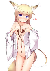 Rule 34 | 1girl, amoriro, animal ears, blonde hair, blue eyes, chocolate, female focus, flat chest, heart, highres, navel, off shoulder, open clothes, original, simple background, smile, solo, tail, white background