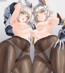 Rule 34 | 2girls, animal ear fluff, animal ears, arm up, armpits, bare shoulders, blush, breasts, brown pantyhose, cat ears, closed mouth, crotch seam, detached sleeves, fang, gloves, grey background, grey hair, hand on own hip, highres, holding hands, jacket, jtveemo, long sleeves, looking at viewer, medium breasts, medium hair, mio (xenoblade), mother and daughter, multiple girls, navel, nia (xenoblade), nipples, open mouth, panties, panties under pantyhose, pantyhose, short hair, simple background, skin fang, smile, sweat, thighs, topless, underwear, vambraces, variant set, white panties, xenoblade chronicles (series), xenoblade chronicles 3, yellow eyes