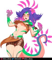 Rule 34 | 1girl, allen skies, blue hair, blush, breasts, clothes lift, colored skin, flower, green skin, hair flower, hair ornament, highres, instagram username, jewelry, league of legends, linea alba, midriff, multicolored hair, multicolored skin, navel, necklace, neeko (league of legends), nipples, open mouth, pink flower, pink hair, reptile girl, shiny skin, short hair, simple background, small breasts, solo, surprised, tail, twitter username, two-tone hair, white background, yellow eyes