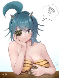 Rule 34 | 1girl, absurdres, ahoge, alternate breast size, animal print, arm rest, bandeau, bare shoulders, beans, breasts, cleavage, closed mouth, collarbone, commentary request, eyepatch, fake horns, gegeron, green eyes, green hair, hand on own cheek, hand on own face, head rest, highres, horns, jewelry, kantai collection, kiso (kancolle), large breasts, looking at viewer, masu, medium hair, motion lines, ring, setsubun, sidelocks, signature, simple background, solo, spoken squiggle, squiggle, strapless, table, tiger print, tiger stripes, upper body, wedding ring, white background