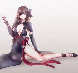 Rule 34 | 1girl, absurdres, alcohol, black dress, black hair, breasts, brown eyes, dress, eyepatch, girls&#039; frontline, highres, legs, m16a1 (blazer of the trail) (girls&#039; frontline), m16a1 (girls&#039; frontline), medium breasts, scar, smile, solo, wine