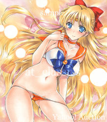 Rule 34 | 1girl, aino minako, artist name, at classics, bare arms, bishoujo senshi sailor moon, blonde hair, blue bow, blue eyes, blush, bow, breasts, choker, cleavage, closed mouth, cowboy shot, forehead jewel, gluteal fold, hair bow, hand up, heart, large breasts, long hair, looking at viewer, navel, orange panties, panties, panty pull, pulled by self, red bow, sailor collar, sailor venus, sample watermark, smile, solo, stomach, traditional media, underwear, very long hair, watermark