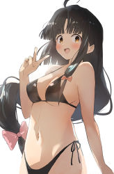Rule 34 | 1girl, ahoge, bare arms, bare shoulders, bikini, black bikini, black hair, blush, breasts, brown eyes, cleavage, kantai collection, long hair, low-tied long hair, medium breasts, navel, open mouth, shouhou (kancolle), simple background, smile, solo, swimsuit, toka (marchlizard), upper body, v, very long hair, white background