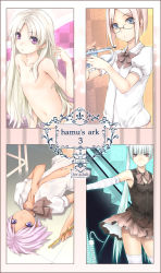Rule 34 | 4girls, armpits, bare shoulders, blonde hair, blue eyes, blush, bob cut, flat chest, flute, glasses, instrument, long hair, lying, multiple girls, musical note, navel, neck ribbon, nipples, nude, on back, ooji, open clothes, open shirt, original, pink hair, purple eyes, red eyes, ribbon, shirt, short hair, silver hair, skirt, sleeveless, sleeveless shirt, smile, tattoo, thighhighs, treble clef, trumpet, twintails, very long hair, white thighhighs