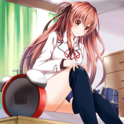 Rule 34 | 1girl, alarm clock, bag, bed, black thighhighs, blush, borrowed character, brown eyes, brown hair, chest of drawers, clock, curtains, dressing, hair ribbon, long hair, looking at viewer, ok-ray, on bed, original, pleated skirt, ribbon, school bag, sitting, skirt, smile, solo, thighhighs, tororo inniina, two side up, window