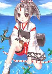 Rule 34 | 10s, 1girl, bow (weapon), brown eyes, brown hair, headband, ikeda yuuki, japanese clothes, kantai collection, personification, ponytail, solo, torn clothes, weapon, zuihou (kancolle)