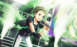 Rule 34 | 1boy, ahoge, black gloves, fingerless gloves, fingernails, gloves, green eyes, green hair, highres, holding, holding microphone, idolmaster, idolmaster side-m, idolmaster side-m live on stage!, jacket, male focus, microphone, mitarai shouta, official art, open clothes, open jacket, pants, short sleeves, single glove, stage lights