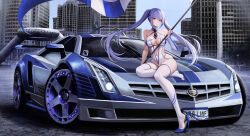 Rule 34 | absurdres, azur lane, banner, blue footwear, blue hair, breasts, building, car, eagle union (emblem), elbow gloves, essex (azur lane), flag, gloves, high heels, highleg, highleg panties, highres, holding, holding flag, kcar66t, large breasts, legs, leotard, motor vehicle, multicolored leotard, navel, necktie, panties, patent heels, pumps, race queen, race vehicle, racecar, red eyes, shoes, single elbow glove, sitting on car, skindentation, stiletto heels, thighhighs, toes, twintails, underwear, white leotard, white thighhighs