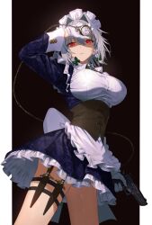 Rule 34 | 1girl, alternate weapon, black dress, breasts, brown background, cowboy shot, dress, gloves, greenkohgen, gun, hidden weapon, highres, holding, holding gun, holding pocket watch, holding weapon, izayoi sakuya, knife, large breasts, maid, maid headdress, pocket watch, red eyes, short hair, solo, thigh strap, touhou, trigger discipline, watch, weapon, white gloves, white hair