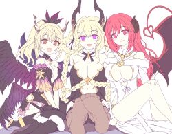 3girls :d absurdres bat_wings black_leotard blonde_hair blush braid braided_hair_rings breasts brown_eyes clear_(fallen)_(princess_connect!) clear_(princess_connect!) cleavage commentary demon_girl demon_horns demon_tail demon_wings feathered_wings feet flat_color hair_intakes hair_rings highres horns io_(christmas)_(princess_connect!) io_(princess_connect!) large_breasts leotard long_hair lyrael_(christmas)_(princess_connect!) lyrael_(princess_connect!) medium_breasts medium_hair multiple_girls navel official_alternate_costume open_mouth pink_eyes ponytail princess_connect! purple_eyes red_hair sidelocks simple_background sitting smile soles tail toes unfinished very_long_hair white_background white_leotard wings yamada_(hvcij)