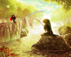 Rule 34 | 1boy, 1girl, blonde hair, fishing, fishing rod, forest, hat, link, midna, nature, nintendo, pointy ears, rainbow, river, sitting, sunrise, the legend of zelda, the legend of zelda: twilight princess, water, yumeshima sui