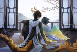 Rule 34 | 2boys, ahoge, angel wings, architecture, bishounen, chinese clothes, dragon boy, dragon horns, dragon tail, east asian architecture, ebf7l, from behind, genshin impact, highres, horns, male focus, multiple boys, short hair, sitting, tail, wings, xiao (genshin impact), zhongli (archon) (genshin impact), zhongli (genshin impact)