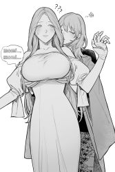 Rule 34 | 2girls, ?, ??, blush, grabbing another&#039;s breast, breasts, byleth (female) (fire emblem), byleth (fire emblem), cape, closed eyes, commentary request, dress, fire emblem, fire emblem: three houses, garreg mach monastery uniform, grabbing, greyscale, hair between eyes, ikarin, jewelry, large breasts, long hair, long sleeves, monochrome, multiple girls, nintendo, pantyhose, parted lips, rhea (fire emblem), ring, simple background, sound effects, sweat, yuri