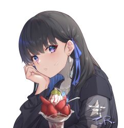 Rule 34 | 1girl, black dress, black hair, blue hair, chinese commentary, colored inner hair, commentary, dress, earrings, food, food on face, fruit, hand on own face, highres, ice cream cup, jewelry, long hair, long sleeves, looking at viewer, mechanical parts, multicolored hair, punishing: gray raven, purple eyes, selena: tempest (punishing: gray raven), selena (punishing: gray raven), solo, strawberry, t. r., triangle earrings, white background