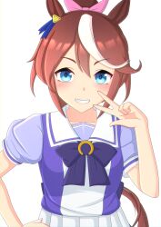 Rule 34 | 1girl, 2-butani, absurdres, animal ears, blue eyes, bow, bowtie, brown hair, collarbone, commentary request, grin, hair between eyes, hand on own hip, high ponytail, highres, horse ears, horse girl, horseshoe ornament, jitome, long hair, multicolored hair, open mouth, puffy short sleeves, puffy sleeves, purple shirt, sailor collar, sailor shirt, school uniform, shirt, short sleeves, simple background, smile, solo, streaked hair, summer uniform, tokai teio (umamusume), tracen school uniform, triangle mouth, two-tone hair, umamusume, upper body, v-shaped eyebrows, w, white background, white hair