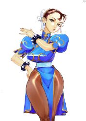 1girl bracelet brown_eyes brown_hair capcom chinese_clothes chun-li earrings jewelry labslider spiked_bracelet spikes street_fighter thick_thighs thighs