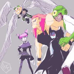 Rule 34 | 1girl, bodysuit, capelet, cartoon network, choker, cloak, colored skin, cyclops, dark skin, dc comics, gizmo (dc), gloves, goggles, grey skin, hand on own hip, jinx (dc), kyd wykkyd, lowres, mammoth (dc), muscular, one-eyed, pink hair, red eyes, see-more, simple background, striped legwear, teen titans