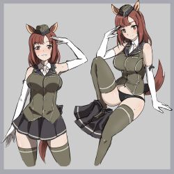Rule 34 | 1girl, animal ears, bare shoulders, black panties, blush, breasts, brown eyes, brown hair, elbow gloves, gloves, grace maitland steward, green thighhighs, hat, highres, large breasts, looking at viewer, luminous witches, medium hair, military, military hat, military uniform, miniskirt, multiple views, panties, pleated skirt, salute, shiny skin, sitting, skirt, sleeveless, smile, tail, thighhighs, tricky 46, underwear, uniform, white gloves, world witches series