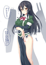 Rule 34 | 10s, 1girl, :o, absurdres, black gloves, black hair, blush, breasts, brown eyes, chikuma (kancolle), elbow gloves, female focus, gloves, highres, kantai collection, large breasts, long hair, looking at viewer, no panties, pelvic curtain, pussy, satou (kuso-neet), side slit, single elbow glove, single glove, solo, translation request, uncensored