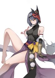 Rule 34 | 1girl, absurdres, arm support, bare shoulders, barefoot, bird mask, black gloves, blue hair, bodystocking, breasts, commentary request, detached sleeves, feet, genshin impact, gloves, hair between eyes, highres, knee up, kujou sara, looking at viewer, mask, mask on head, obi, paradox (parapa), pelvic curtain, purple sash, sash, short hair, sideboob, simple background, sitting, solo, vision (genshin impact), white background, yellow eyes