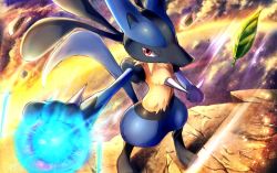 Rule 34 | bad id, bad twitter id, body fur, cloud, commentary request, creatures (company), energy, falling leaves, furry, game freak, gen 4 pokemon, hand up, leaf, lucario, nintendo, outdoors, pokemon, pokemon (creature), red eyes, rowdon, solo, spikes, standing, toes