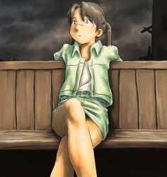 Rule 34 | 00s, 1girl, amasawa yuuko, bench, brown eyes, brown hair, dennou coil, glasses, jacket, crossed legs, looking at viewer, outdoors, pencil skirt, sitting, skirt, solo, tnt (aaaazzzz), twintails
