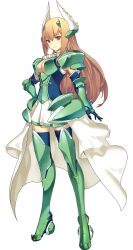 Rule 34 | 1girl, armor, armored dress, blonde hair, breasts, green armor, hairband, hand on own hip, highres, long hair, looking at viewer, medium breasts, official art, purple eyes, shoulder armor, skirt, sleeveless, solo focus, transparent background, waltraute, waltraute-san no konkatsu jijou, white skirt, winged hairband